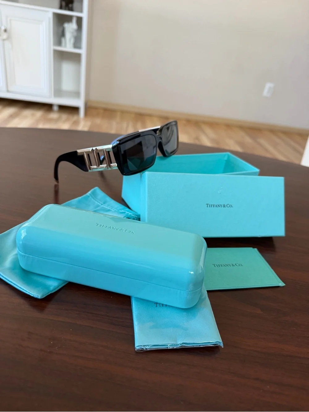 Tiffany & Co. Black Rectangular Sunglasses with Silver Hardware